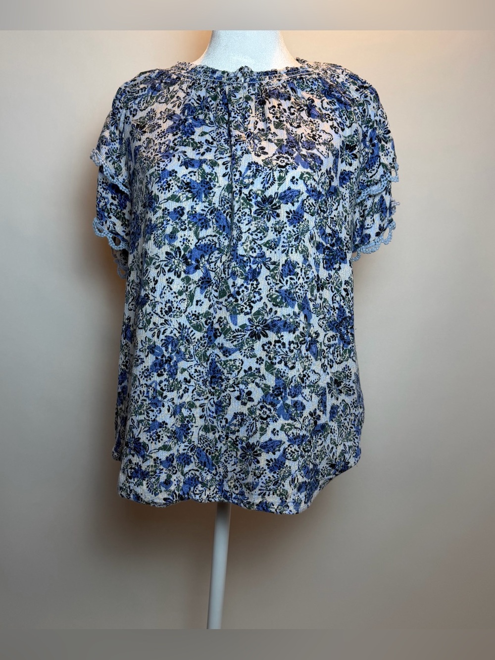 Democracy Blue Floral Short-Sleeve Peasant Top